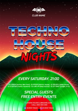 80 'lerin modası, pasaj arkaplanı ve tekno parti kulübü geceleri için plakçı tarzı poster. Kırmızı ve yeşil broşür ya da modern elektronik müzik dans partisi ilanı.