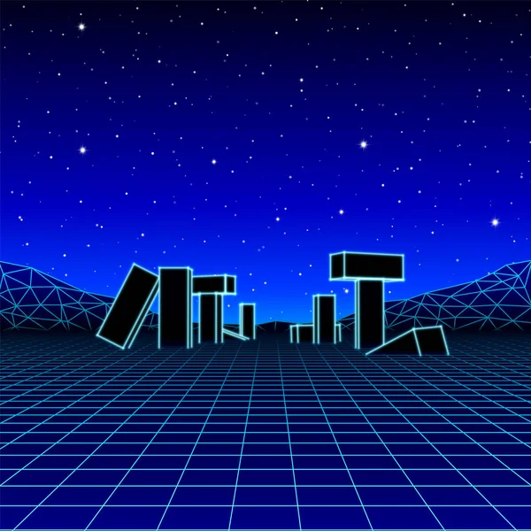 具有80年代复古风潮游戏风格的霓虹灯古石废墟和星空派对海报 — 图库矢量图片