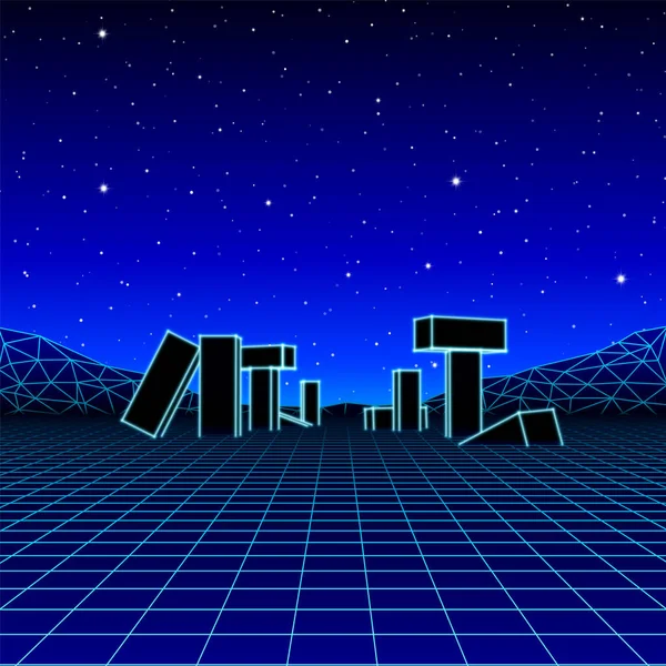 Neon Grid Landscape Dengan Gaya Permainan Retro Wave Reruntuhan Batu - Stok Vektor