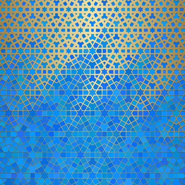 伊斯兰装饰 阿拉伯几何质感 色彩艳丽的玻璃窗背景上的金色衬里花纹 — 图库矢量图片