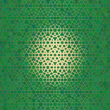 İslami süslemeli soyut arkaplan, Arap geometrik dokusu. Renkli arkaplanda boyalı cam tarzıyla altın kaplamalı motif.
