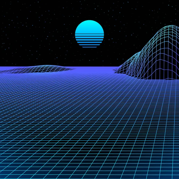 Paysage Avec Grille Wireframe Des Années Style Rétro Jeu Ordinateur — Image vectorielle