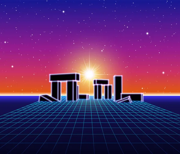 Neon Grid Landschaft Mit 80Er Retro Wave Game Stil Antike — Stockvektor