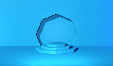 Mavi mimari arka planda basamakları ve duvar kemeri olan yaya ya da podyum