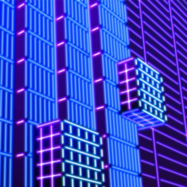 80 'lerin stili mavi ve mor peyzaj ya da soyut 80' lerin oyun neon grafiklerinde lazer yapılarına sahip neon arkaplan.