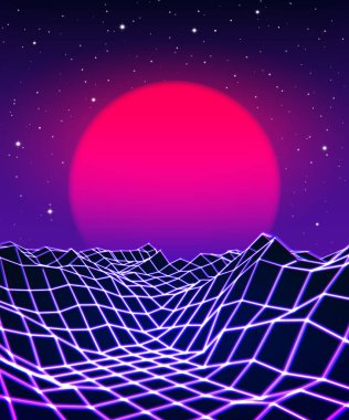New Retro Wave parti posteri için 80 'lerin eski oyun tarzına sahip neon ızgara manzarası ve mor güneş veya 80' lerin yeniden canlanan müzik albümü kapağı