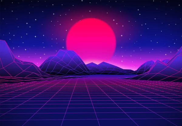 Retro 80s styled futuristic landscape with purple neon sun or moon in digital space and shiny grid for party poster, flyer or mix cover