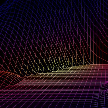 80 'lerin modası geçmiş bilgisayar oyunu ya da bilimden esinlenilmiş, ısı haritası renkleri, dağları ve tepeleri olan üç boyutlu kablo şebekesine sahip manzara