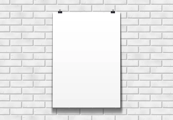 Cartel Blanco Maqueta Los Clips Papel Delante Pared Ladrillo Blanco — Vector de stock