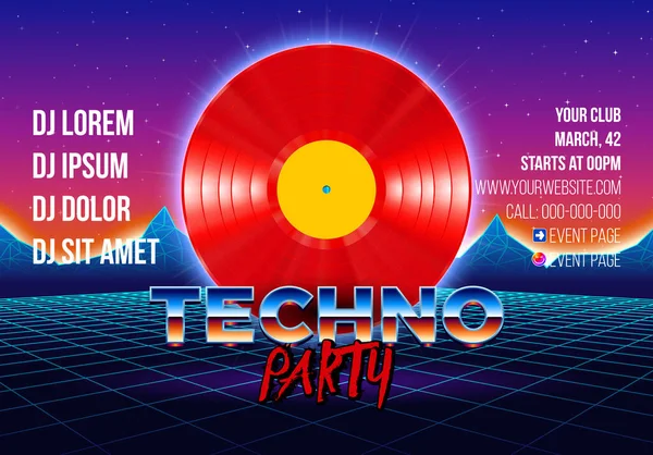 Vinyl Party Poster 80S Style Arcade Styled Retro Background Red — Stock Vector