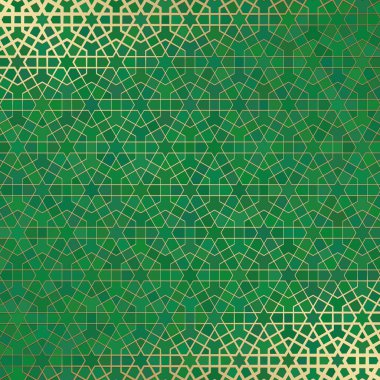 İslami süslemeli soyut arkaplan, Arap geometrik dokusu. Renkli arkaplanda boyalı cam tarzıyla altın kaplamalı motif.