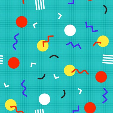 80 'lerin Memphis stili kusursuz desenli modern geometrik tekrarlayan garip renkli şekiller.