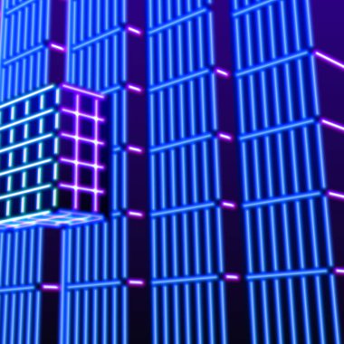 80 'lerin stili mavi ve mor peyzaj ya da soyut 80' lerin oyun neon grafiklerinde lazer yapılarına sahip neon arkaplan.