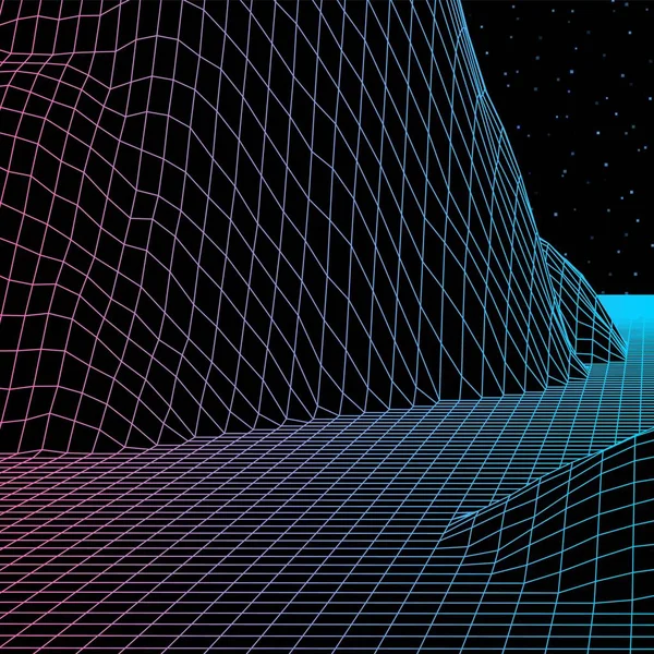 青と紫の山や丘と80年代スタイルのレトロなコンピュータゲームや科学インスピレーションの背景3D構造のワイヤーフレームグリッドと風景 — ストックベクタ