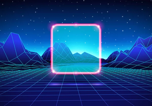 Retro 80S Styled Futuristic Landscape Neon Square Shiny Computer Grid — Stock Vector