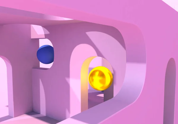 Abstract Surreal Pink Architectural Forms Arches Golden Ball Background Illustration — Stock Photo, Image