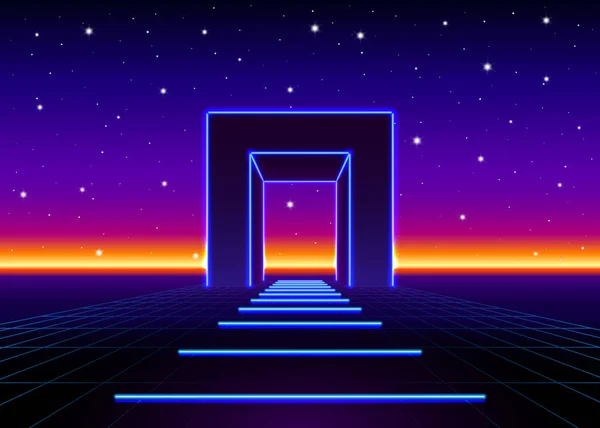 Neon 80S Estilo Puerta Masiva Paisaje Retro Juego Con Carretera — Archivo Imágenes Vectoriales