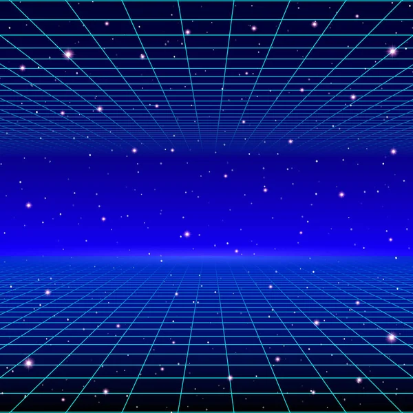 Latar Belakang Retro Neon Dengan Grid Laser Dan Bintang Bintang - Stok Vektor