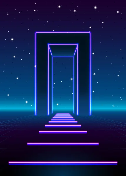 Neon 80S Στυλ Μαζική Πύλη Ρετρό Τοπίο Παιχνίδι Λαμπερό Δρόμο — Διανυσματικό Αρχείο