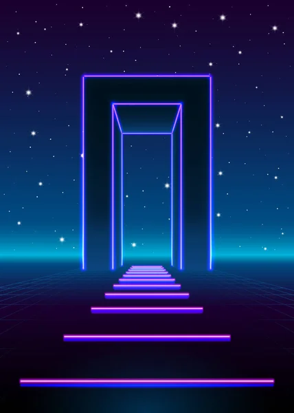 Neon 80S Stijl Massieve Poort Retro Game Landschap Met Glanzende — Stockvector