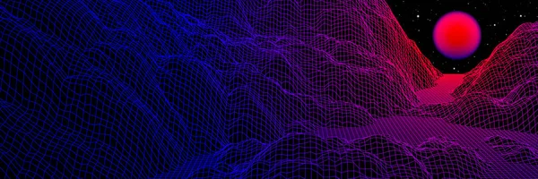 Neon Grid Landscape Purple Sun Old 80S Arcade Game Style — Archivo Imágenes Vectoriales