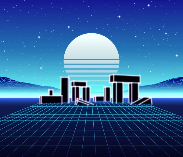 Neon Grid Landscape 80S Retro Wave Game Style Ancient Stone — Stock Vector