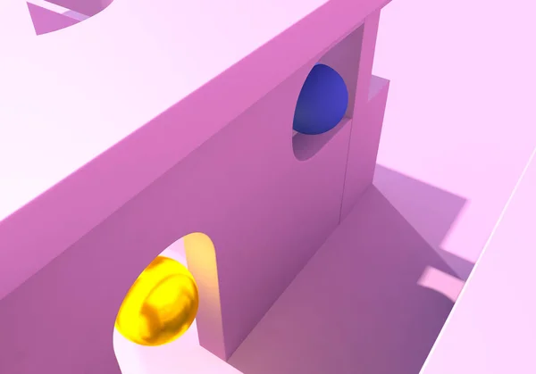 超现实的粉色建筑形式 以拱形和金球为背景 3D插图 — 图库照片