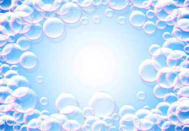 Sabun köpüğü mavi arka plan, gökkuşağı renkli hava köpüklü yuvarlak çerçeve.