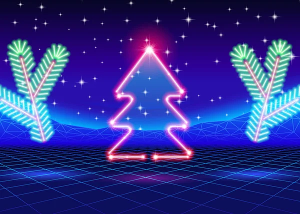 Weihnachtskarte Mit Leuchtbaum Und 80Er Jahre Computerhintergrund — Stockvektor