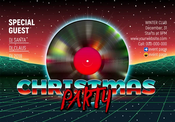 Festa Natale Invito Poster Volantino Con Vinile Retrò Anni Neon — Vettoriale Stock