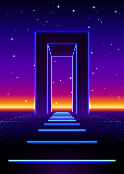 Neon 80S Stijl Massieve Poort Retro Game Landschap Met Glanzende — Stockvector