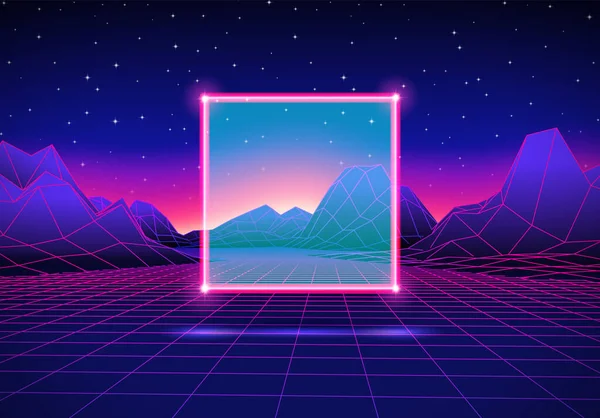 Parti afişi, broşürü ya da kapağı için neon kare ve parlak bilgisayar ızgarası ile 80 'lerin modasına uygun geleceksel manzara