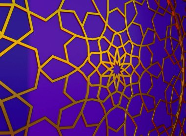 Mor duvardaki altın Arap süsü. Kültürel ve dini bayramlar için soyut bir geçmiş. 3B illüstrasyon