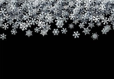 Noel kar taneleri, kış tatilleri için gümüş folyolu kar ile dağılmış kartlar.