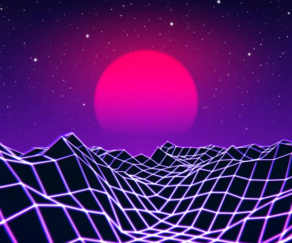 Neon Grid Landscape Purple Sun Old 80S Arcade Game Style — Stock Vector