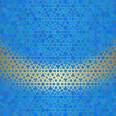 İslami süslemeli soyut arkaplan, Arap geometrik dokusu. Renkli arkaplanda boyalı cam tarzıyla altın kaplamalı motif.