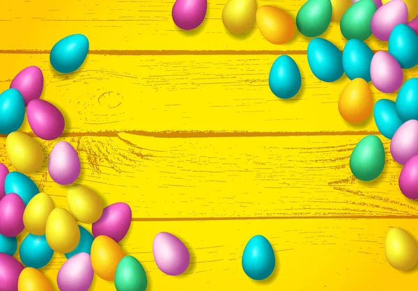 Marco Pascua Con Brillantes Huevos Colores Repartidos Sobre Fondo Madera — Archivo Imágenes Vectoriales