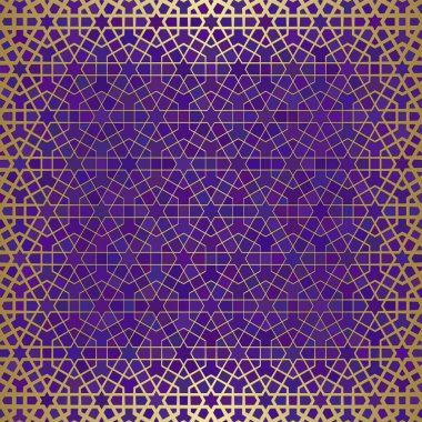 İslami süslemeli soyut arkaplan, Arap geometrik dokusu. Renkli arkaplanda boyalı cam tarzıyla altın kaplamalı motif.