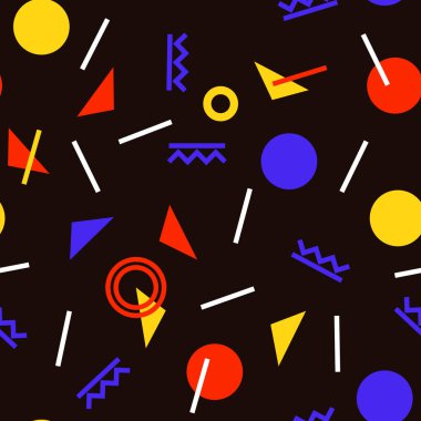 80 'lerin Memphis stili kusursuz desenli modern geometrik tekrarlayan garip renkli şekiller.