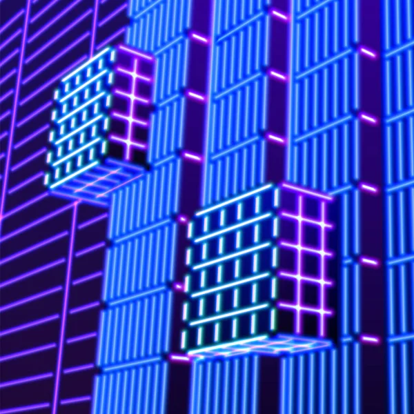 Latar Belakang Neon Dengan Kisi Bercahaya Ultraviolet Dari Lanskap Biru - Stok Vektor