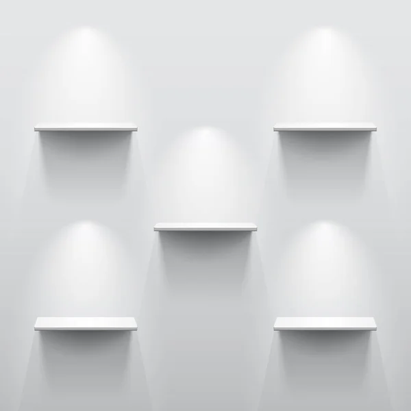 Πέντε Ράφια Στον Τοίχο Φως Και Σκιά Άδειο Λευκό Δωμάτιο — Διανυσματικό Αρχείο