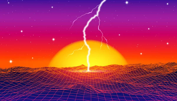 Abstrato Retro Estilo Paisagem Futurista Com Sol Néon Roxo Lua —  Vetores de Stock