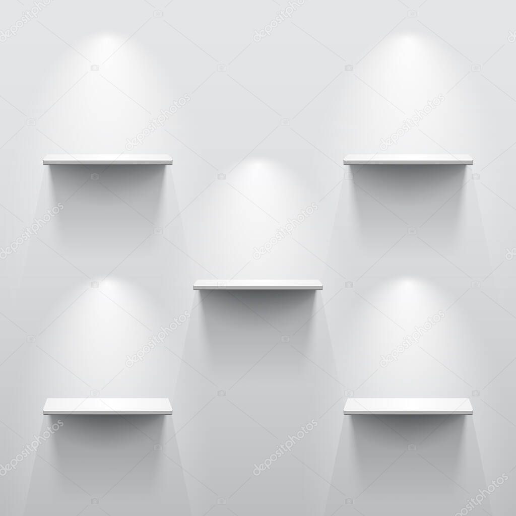 Five shelves on the wall with light and shadow in empty white room