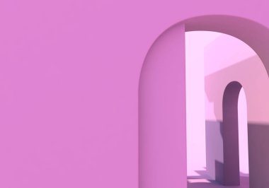 Soyut gerçeküstü pembe mimari formlar, arka planda kemerler var. 3B illüstrasyon