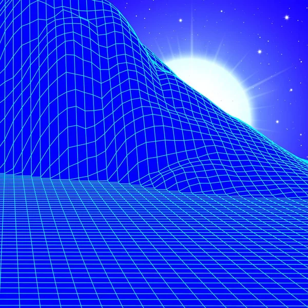 80年代风格复古电脑游戏或科学启发的带线框网格的景观背景3D结构 带有太阳 蓝山或紫外线山 — 图库矢量图片