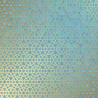 İslami süslemeli soyut arkaplan, Arap geometrik dokusu. Renkli arkaplanda boyalı cam tarzıyla altın kaplamalı motif.