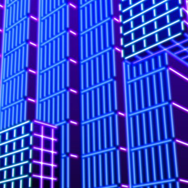 80 'lerin stili mavi ve mor peyzaj ya da soyut 80' lerin oyun neon grafiklerinde lazer yapılarına sahip neon arkaplan.