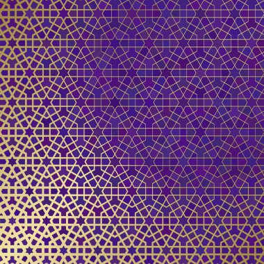 İslami süslemeli soyut arkaplan, Arap geometrik dokusu. Renkli arkaplanda boyalı cam tarzıyla altın kaplamalı motif.