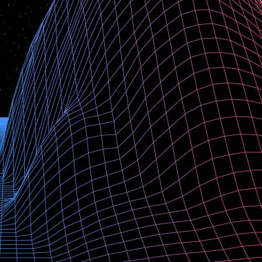 80 'lerin modası geçmiş bilgisayar oyunlarından ya da bilimden esinlenilmiş kablo şebekesine sahip peyzaj kırmızı dağları ya da tepeleri olan 3 boyutlu bir arka plan.