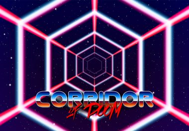 Uzayda 80 'lerin stil lazer çizgileri olan neon tüneli fütürist poster ya da broşür için. Yıldızlı bir kapı ve muhteşem parlak bir yol